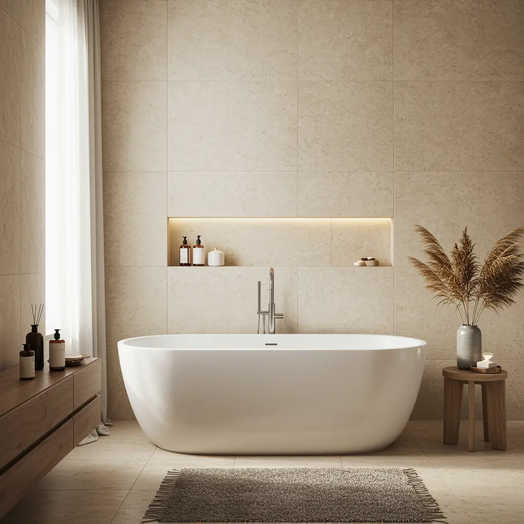 Dream bathroom interior showing the transformation from concept to a warm, modern finished design.