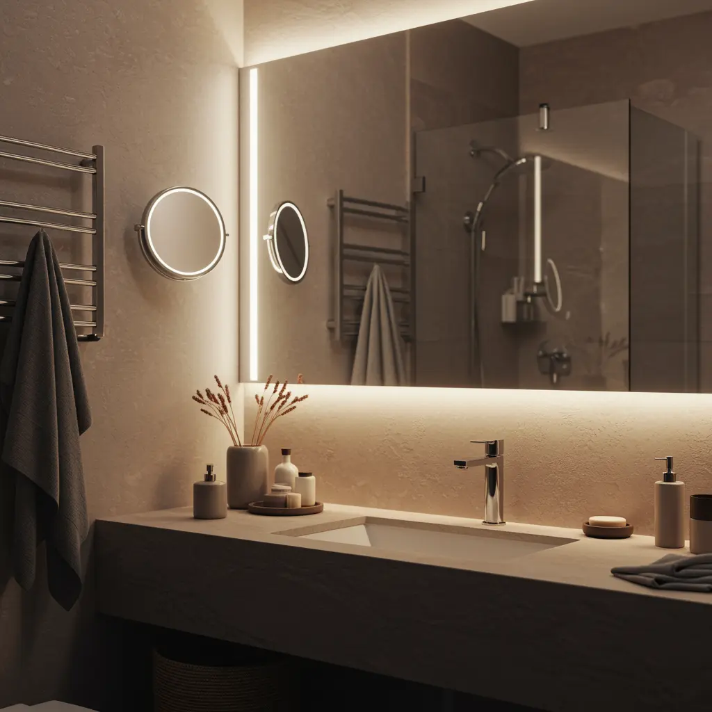 Spa-inspired bathroom details with warm lighting, ergonomic layout, and premium finishes.